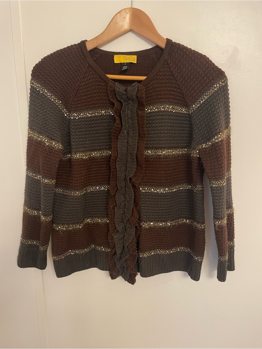 So Ca St John Women's Brown & Gray Ruffle-Front Knit Cardigan Sweater Size M